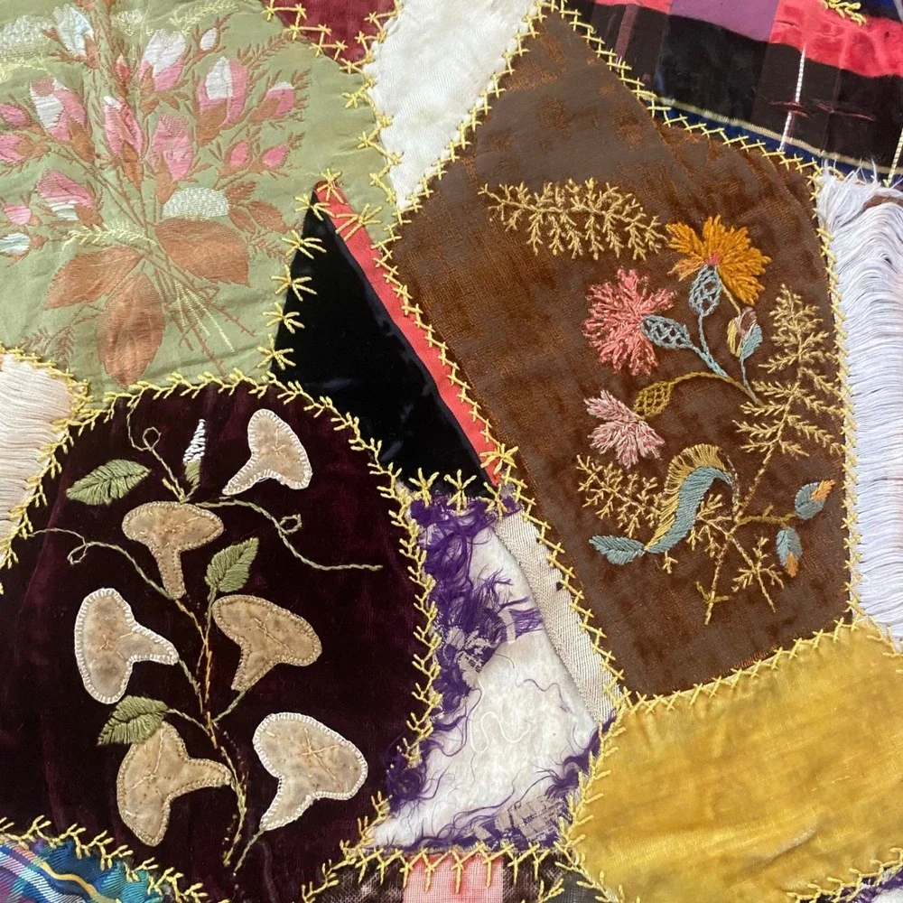 Antique Victorian Crazy Quilt Hand Embroidered Silk Velvet Patchwork Red Damaged